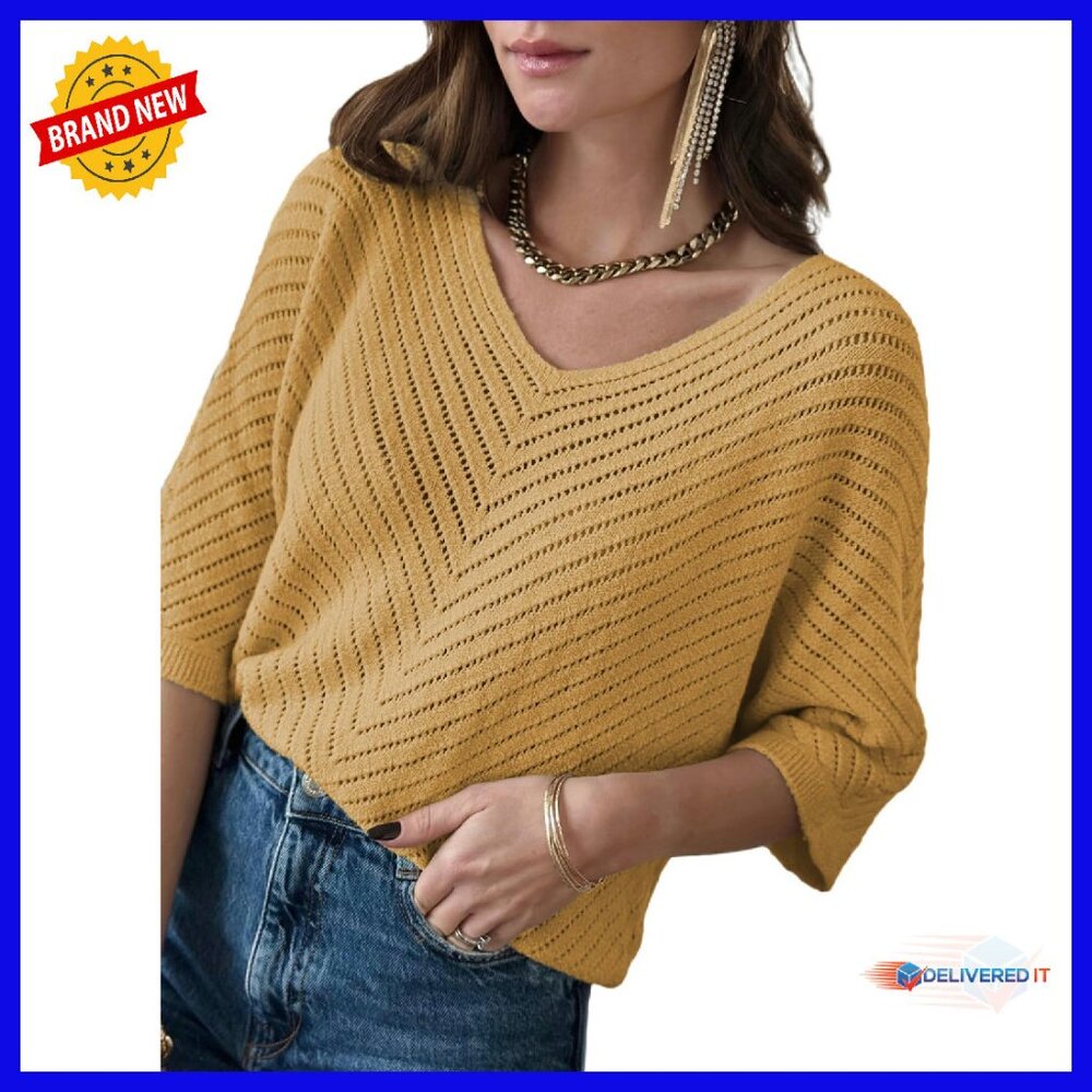 Soft V-Neck Pullover Sweater, 3/4 Sleeve, Loose Fit, Lightweight Knit